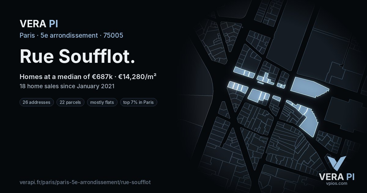 Rue Soufflot, 5e arrondissement at night – every parcel coloured by the prices around it, the street's own parcels lit