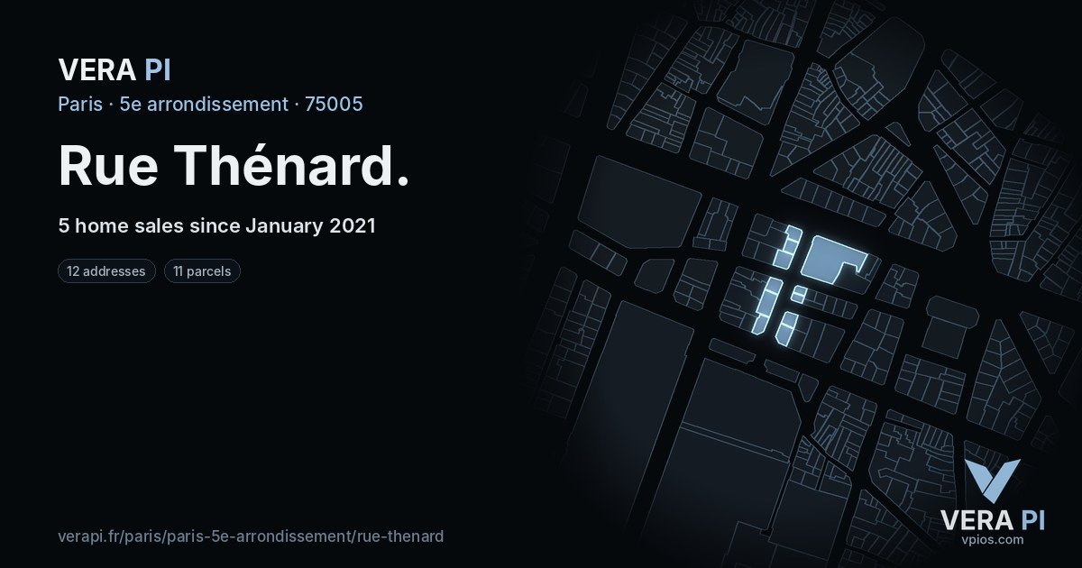 Rue Thénard, 5e arrondissement at night – every parcel coloured by the prices around it, the street's own parcels lit