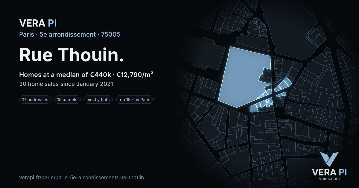 Rue Thouin, 5e arrondissement at night – every parcel coloured by the prices around it, the street's own parcels lit