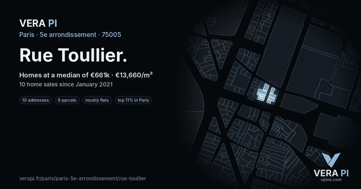 Rue Toullier, 5e arrondissement at night – every parcel coloured by the prices around it, the street's own parcels lit