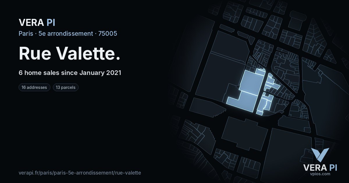 Rue Valette, 5e arrondissement at night – every parcel coloured by the prices around it, the street's own parcels lit