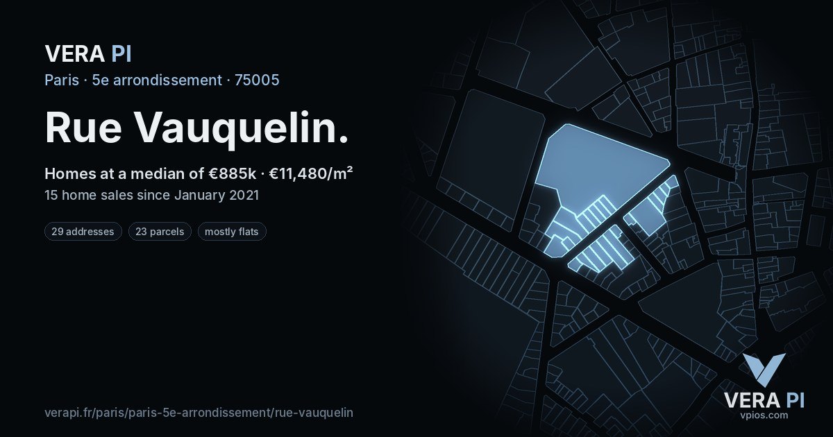 Rue Vauquelin, 5e arrondissement at night – every parcel coloured by the prices around it, the street's own parcels lit