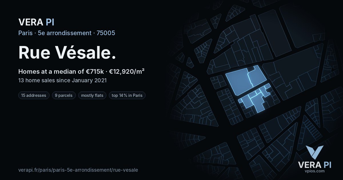 Rue Vésale, 5e arrondissement at night – every parcel coloured by the prices around it, the street's own parcels lit