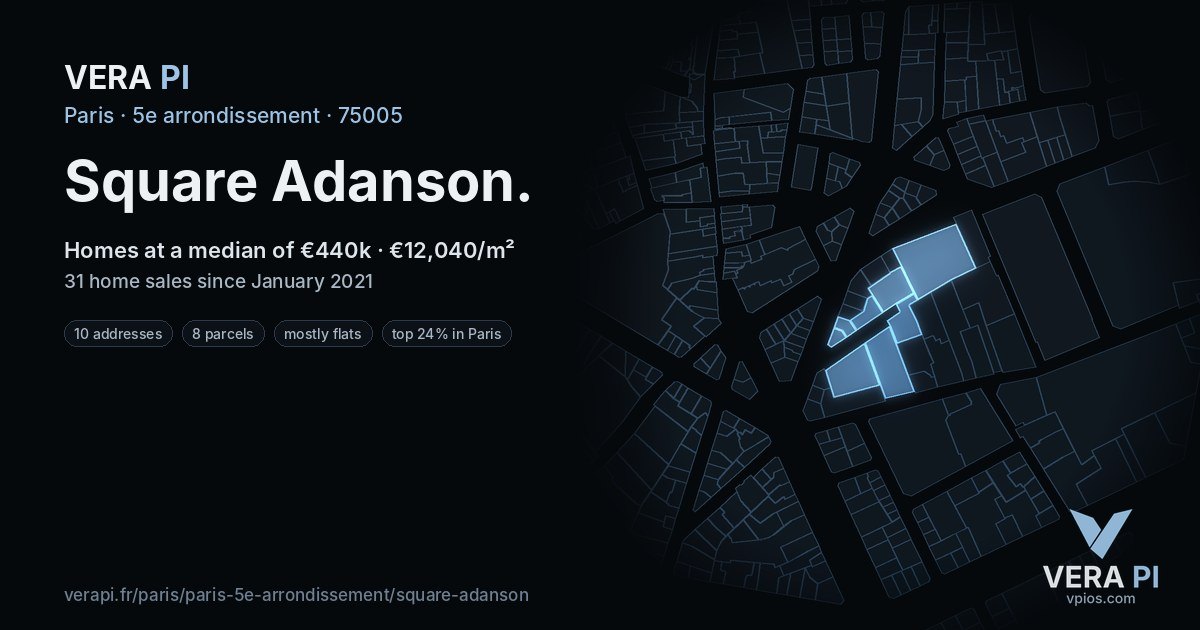 Square Adanson, 5e arrondissement at night – every parcel coloured by the prices around it, the street's own parcels lit