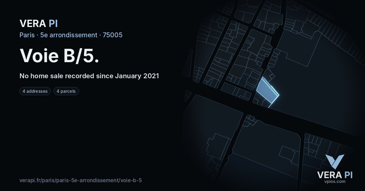 Voie B/5, 5e arrondissement at night – every parcel coloured by the prices around it, the street's own parcels lit
