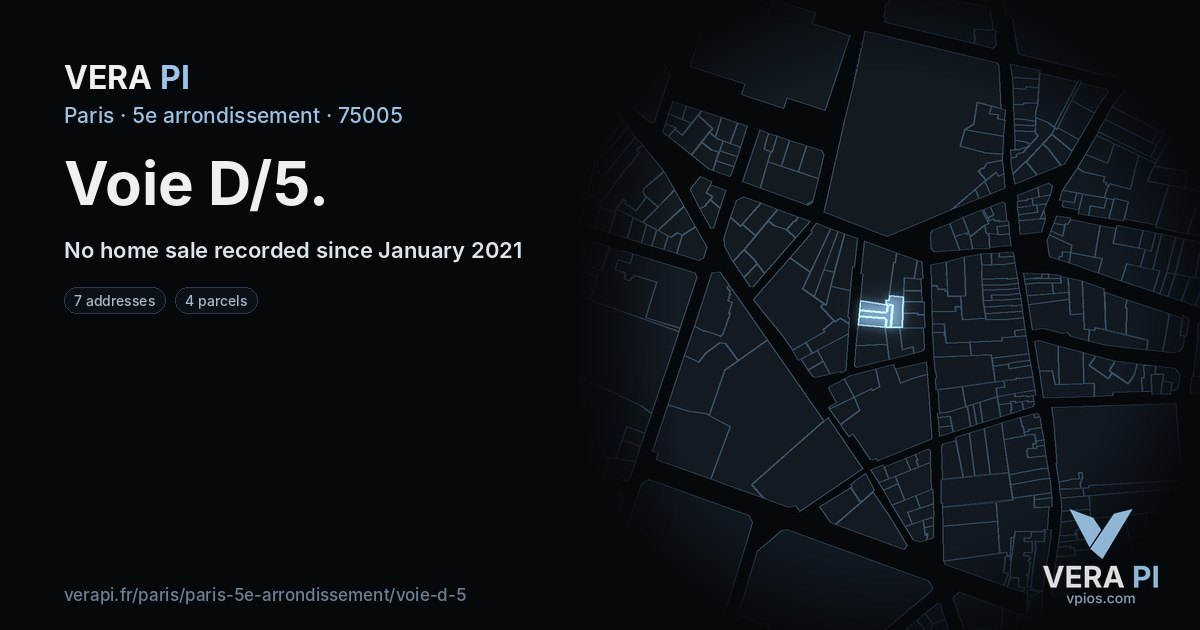 Voie D/5, 5e arrondissement at night – every parcel coloured by the prices around it, the street's own parcels lit