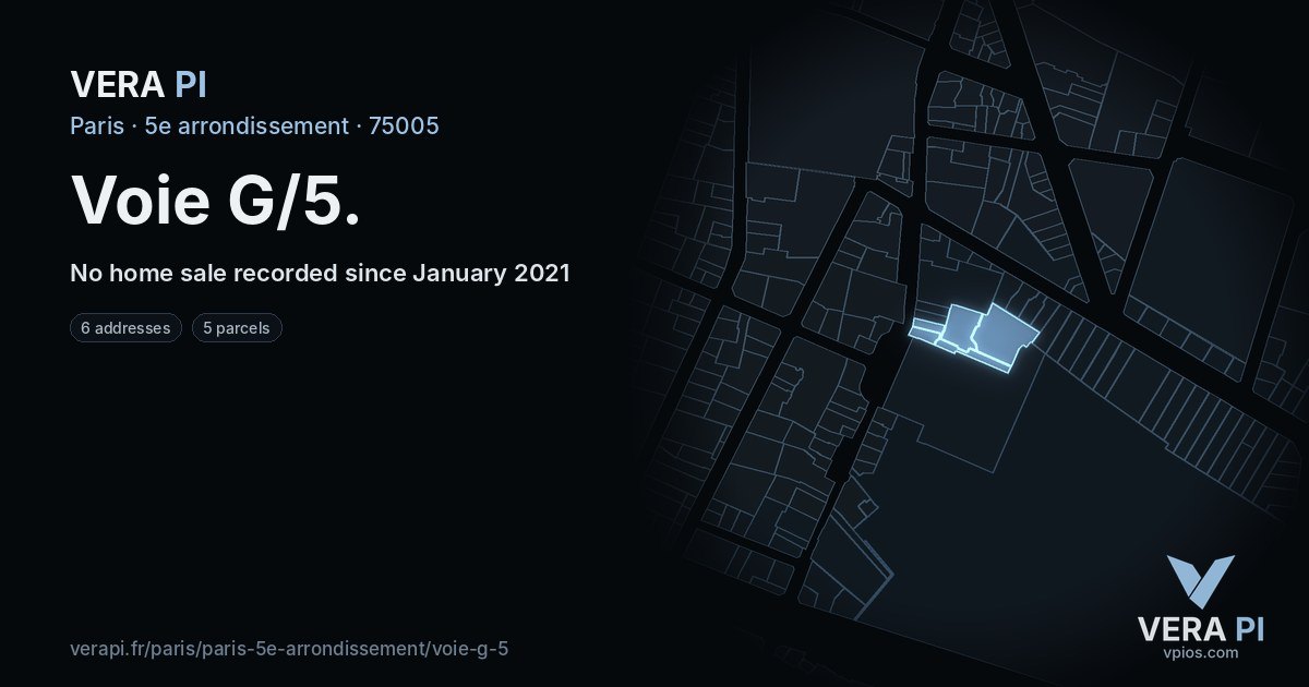 Voie G/5, 5e arrondissement at night – every parcel coloured by the prices around it, the street's own parcels lit