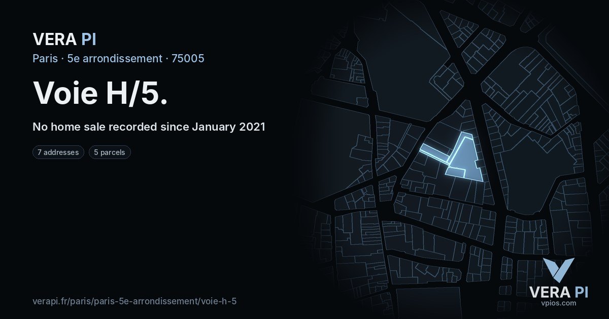 Voie H/5, 5e arrondissement at night – every parcel coloured by the prices around it, the street's own parcels lit