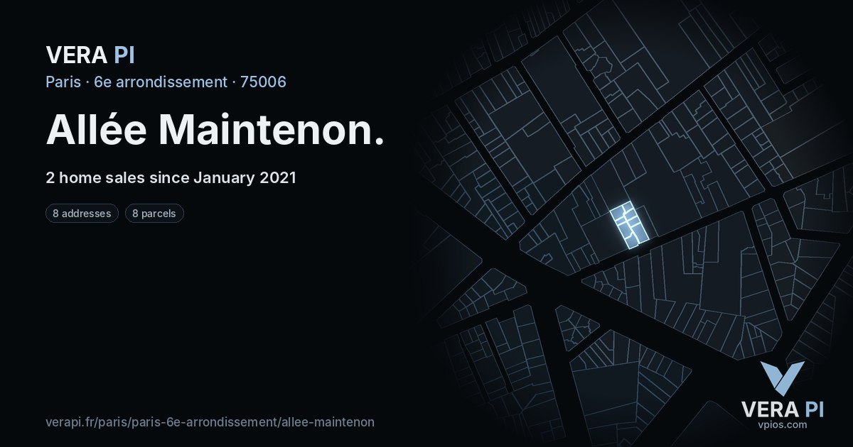 Allée Maintenon, 6e arrondissement at night – every parcel coloured by the prices around it, the street's own parcels lit