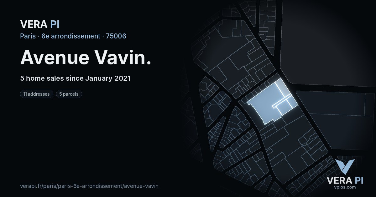 Avenue Vavin, 6e arrondissement at night – every parcel coloured by the prices around it, the street's own parcels lit