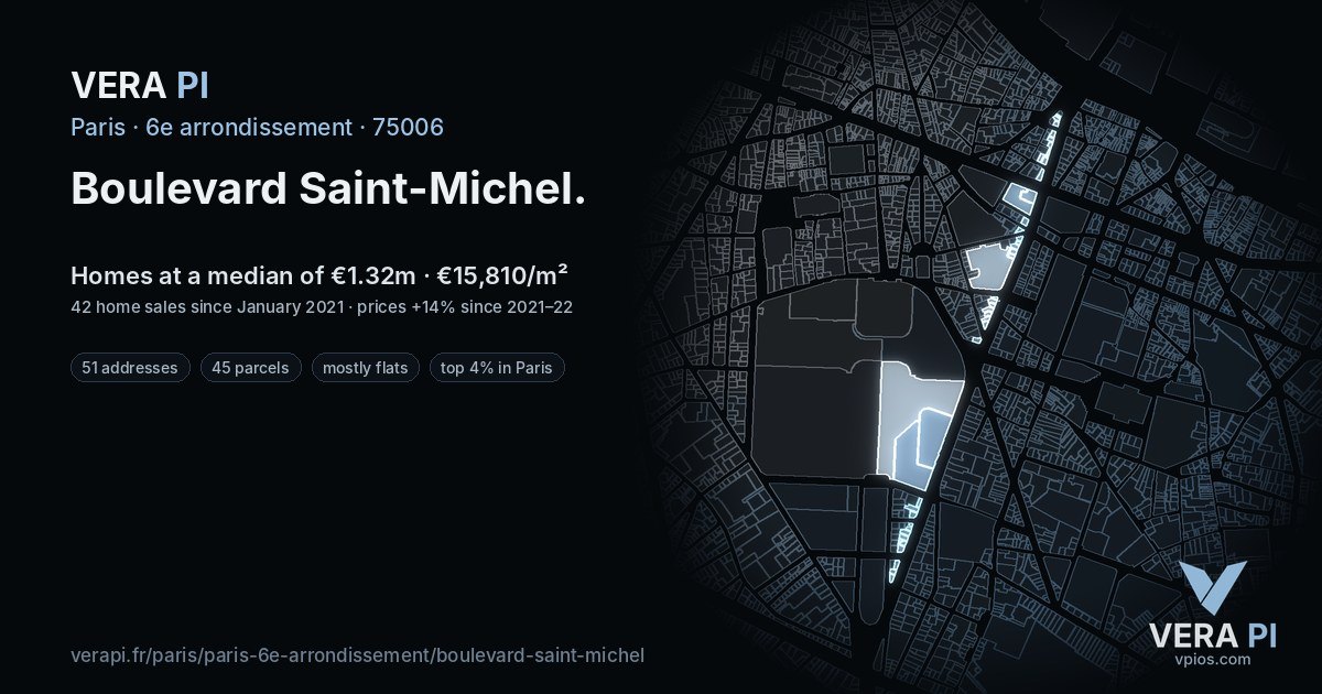 Boulevard Saint-Michel, 6e arrondissement at night – every parcel coloured by the prices around it, the street's own parcels lit