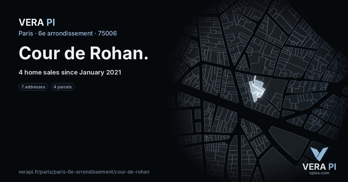 Cour de Rohan, 6e arrondissement at night – every parcel coloured by the prices around it, the street's own parcels lit