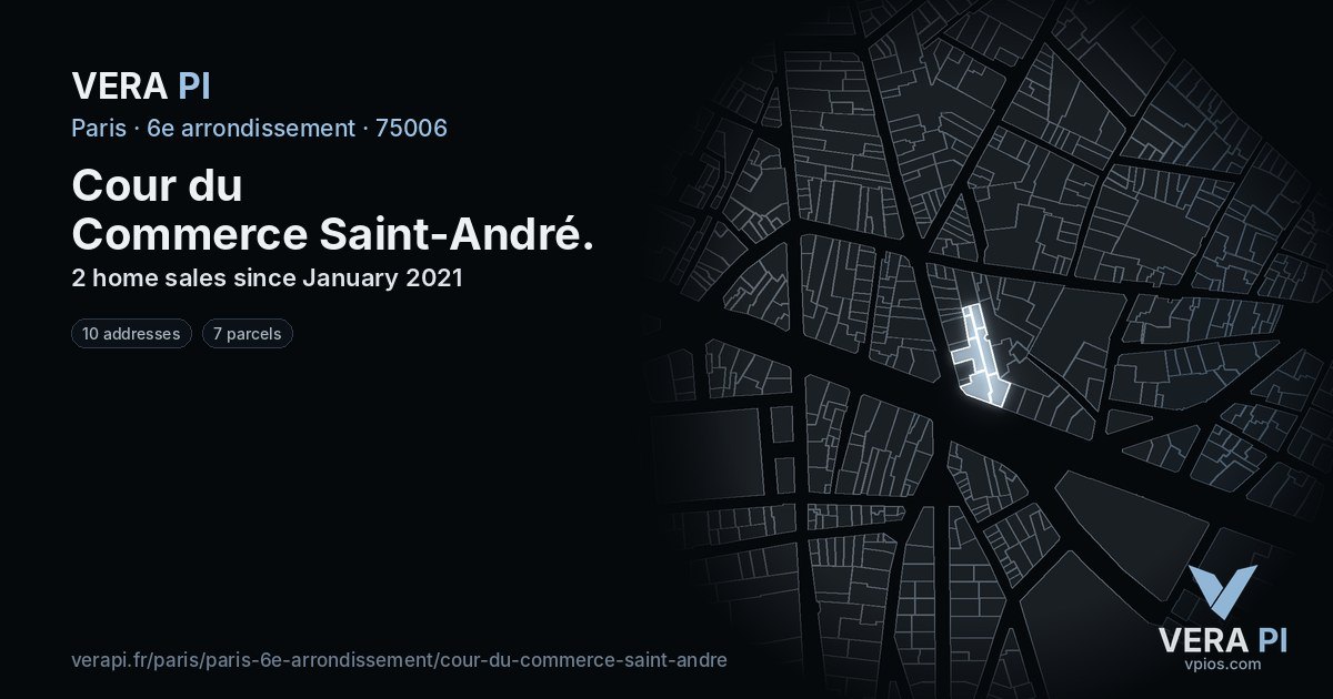 Cour du Commerce Saint-André, 6e arrondissement at night – every parcel coloured by the prices around it, the street's own parcels lit