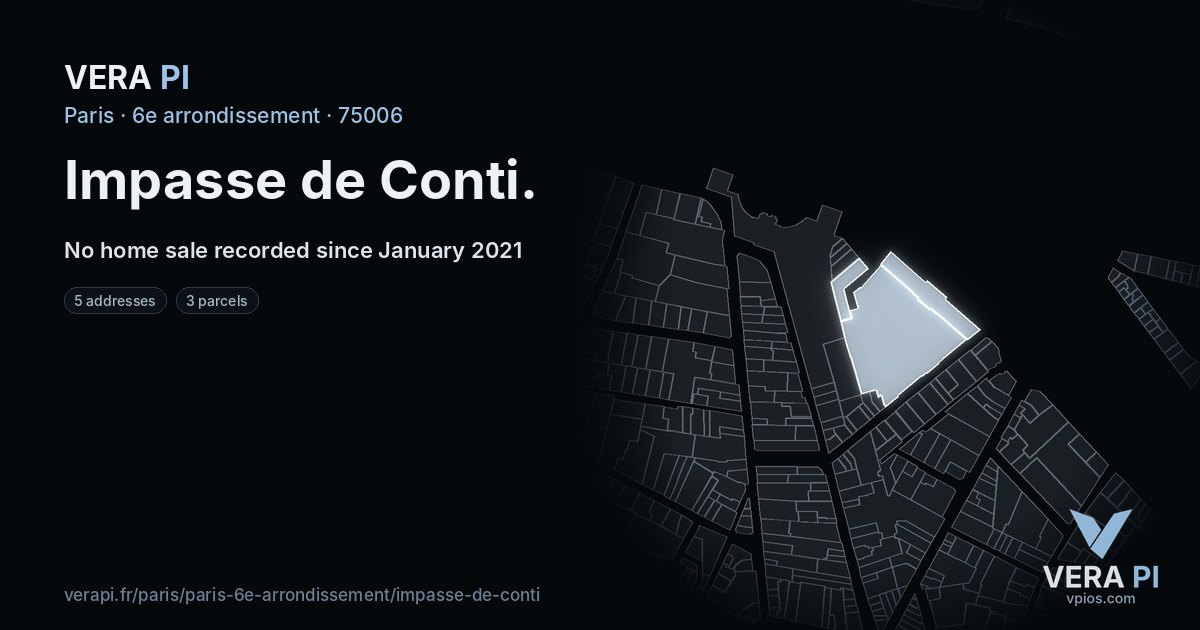 Impasse de Conti, 6e arrondissement at night – every parcel coloured by the prices around it, the street's own parcels lit
