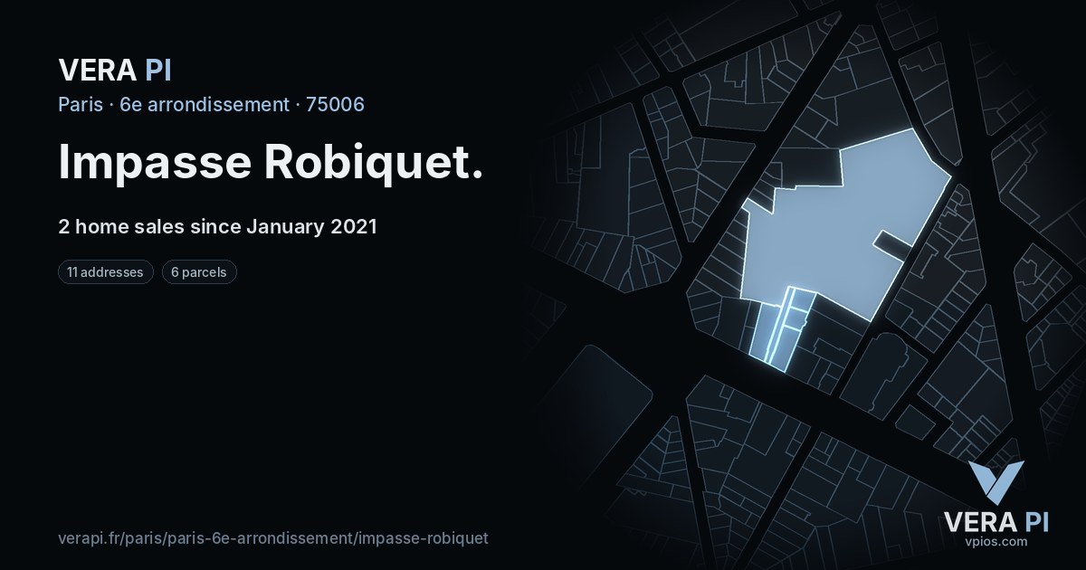 Impasse Robiquet, 6e arrondissement at night – every parcel coloured by the prices around it, the street's own parcels lit