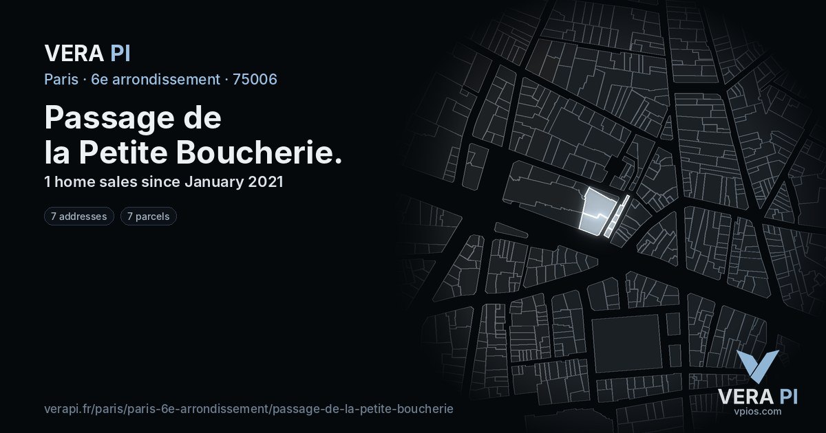 Passage de la Petite Boucherie, 6e arrondissement at night – every parcel coloured by the prices around it, the street's own parcels lit
