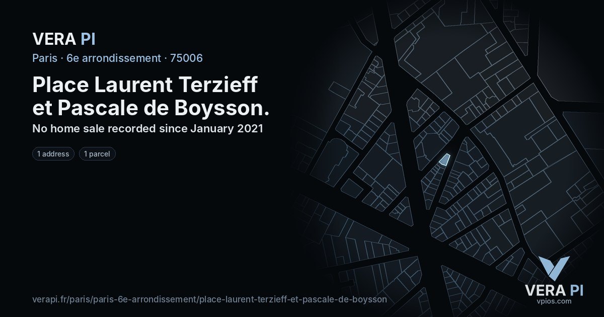 Place Laurent Terzieff et Pascale de Boysson, 6e arrondissement at night – every parcel coloured by the prices around it, the street's own parcels lit