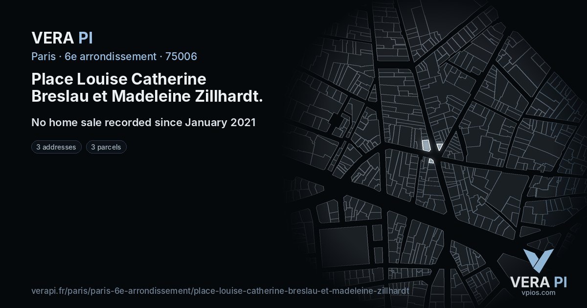 Place Louise Catherine Breslau et Madeleine Zillhardt, 6e arrondissement at night – every parcel coloured by the prices around it, the street's own parcels lit