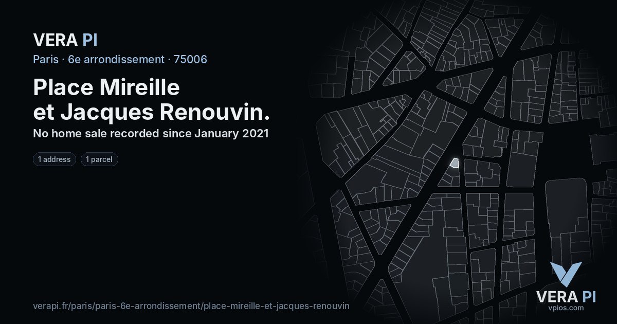Place Mireille et Jacques Renouvin, 6e arrondissement at night – every parcel coloured by the prices around it, the street's own parcels lit