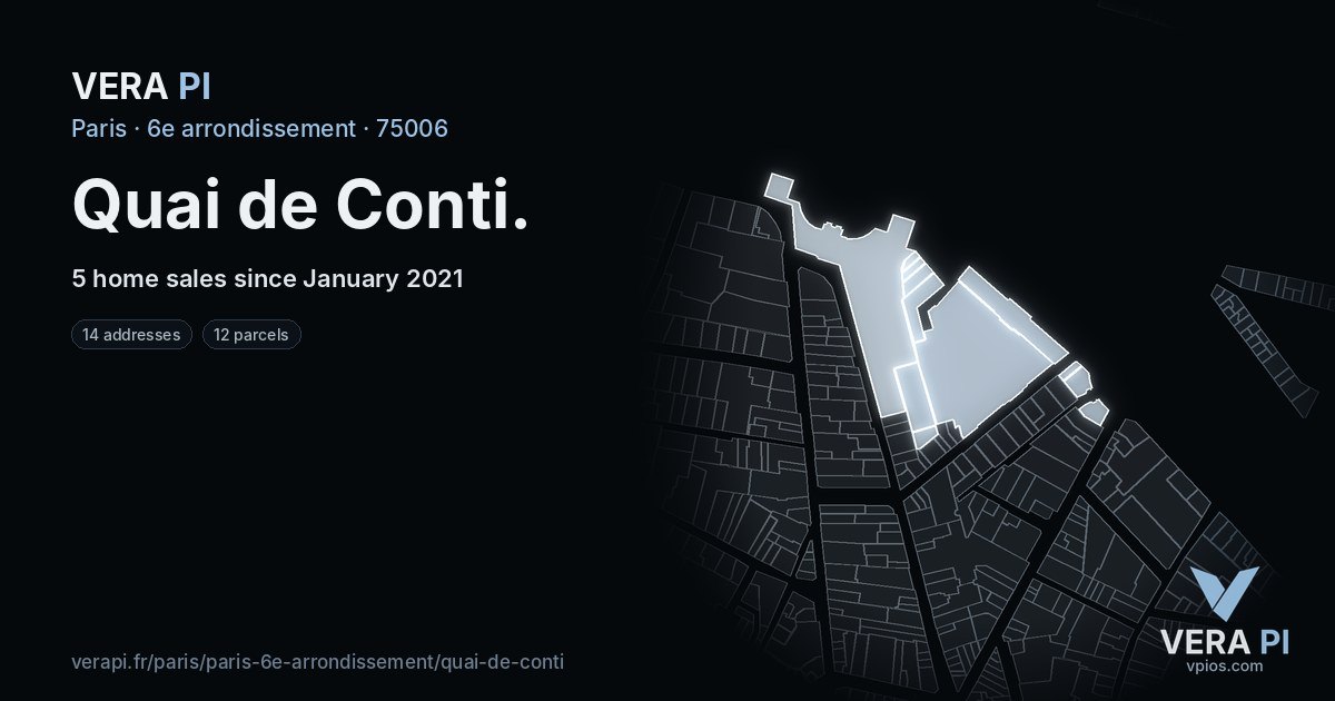 Quai de Conti, 6e arrondissement at night – every parcel coloured by the prices around it, the street's own parcels lit