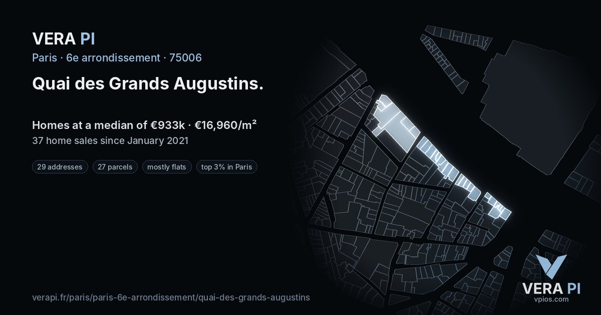 Quai des Grands Augustins, 6e arrondissement at night – every parcel coloured by the prices around it, the street's own parcels lit