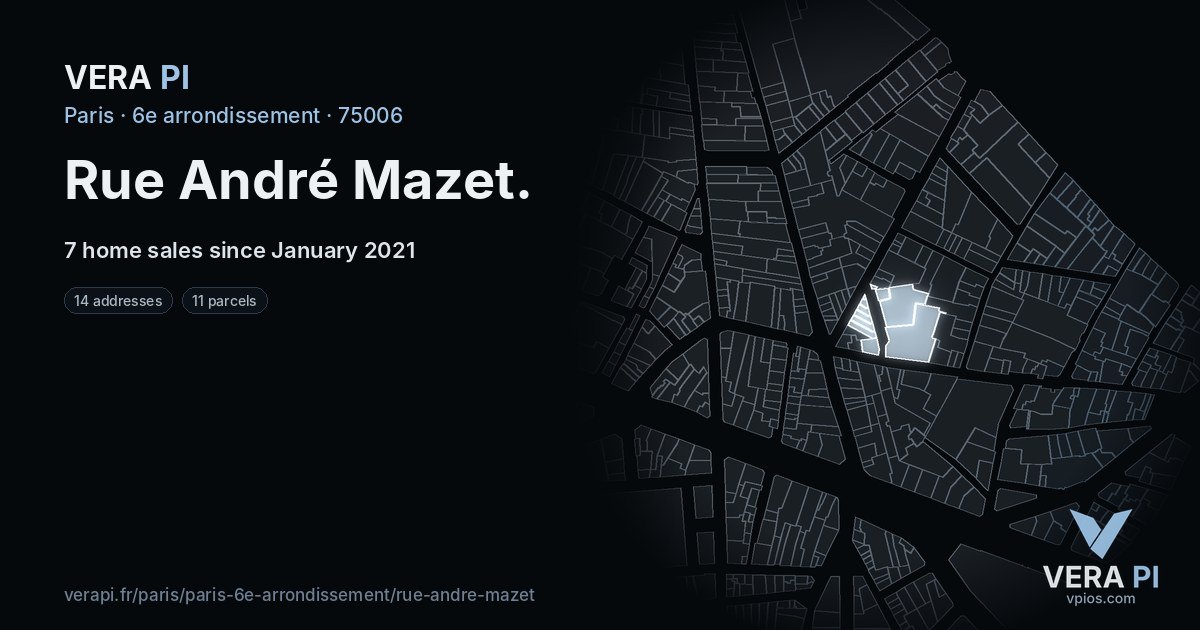 Rue André Mazet, 6e arrondissement at night – every parcel coloured by the prices around it, the street's own parcels lit