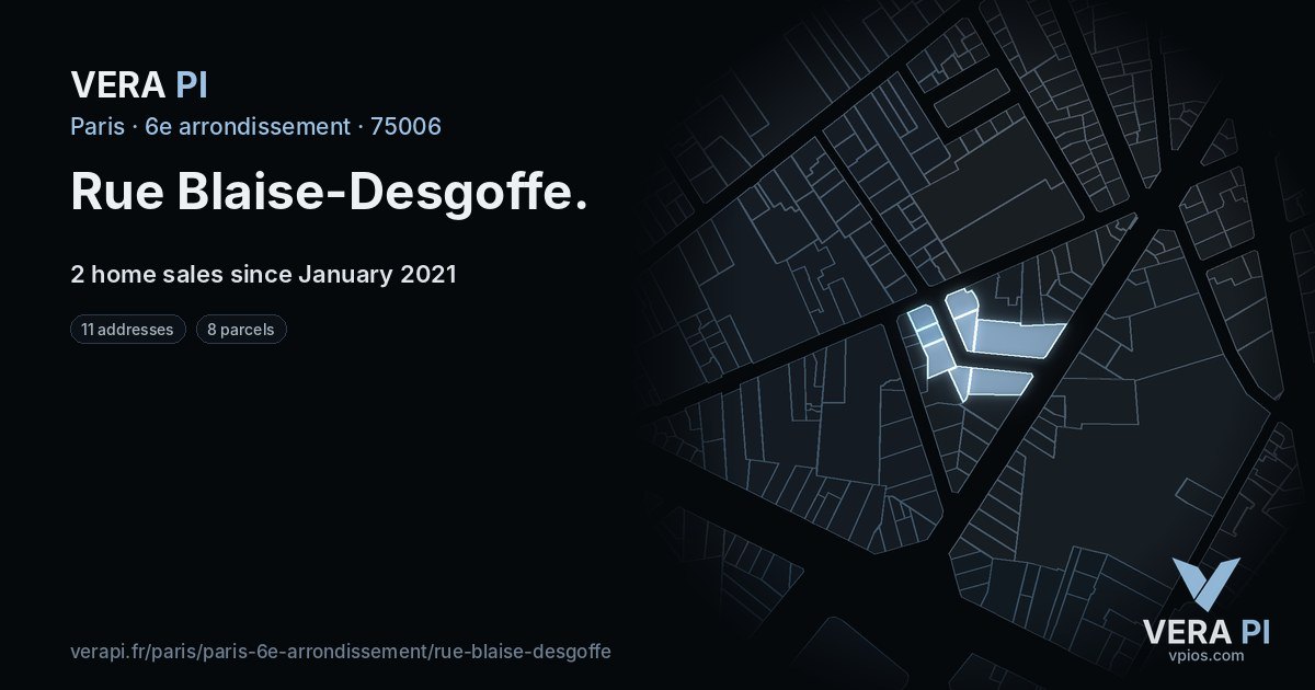 Rue Blaise-Desgoffe, 6e arrondissement at night – every parcel coloured by the prices around it, the street's own parcels lit