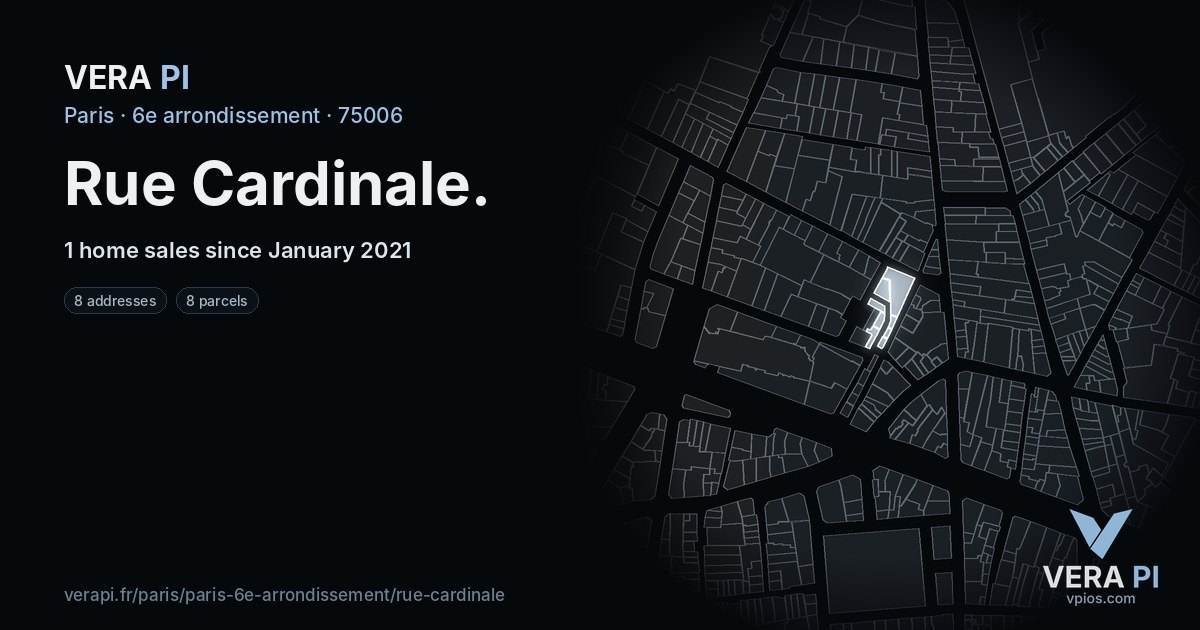 Rue Cardinale, 6e arrondissement at night – every parcel coloured by the prices around it, the street's own parcels lit
