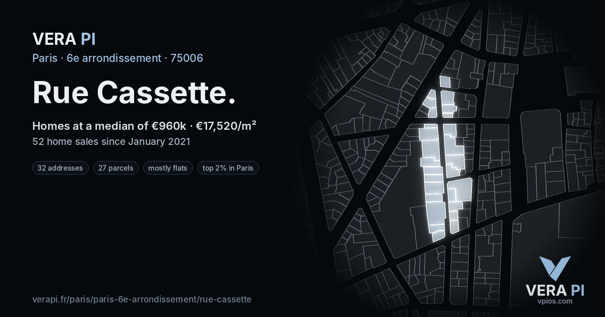 Rue Cassette, 6e arrondissement at night – every parcel coloured by the prices around it, the street's own parcels lit