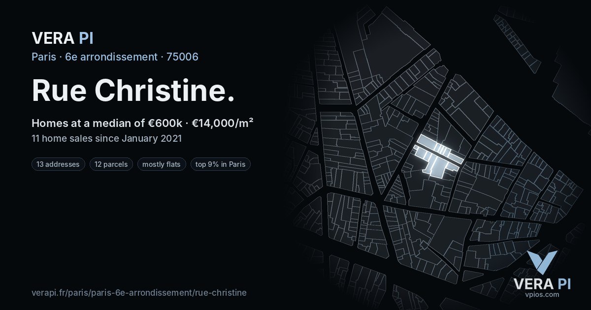 Rue Christine, 6e arrondissement at night – every parcel coloured by the prices around it, the street's own parcels lit