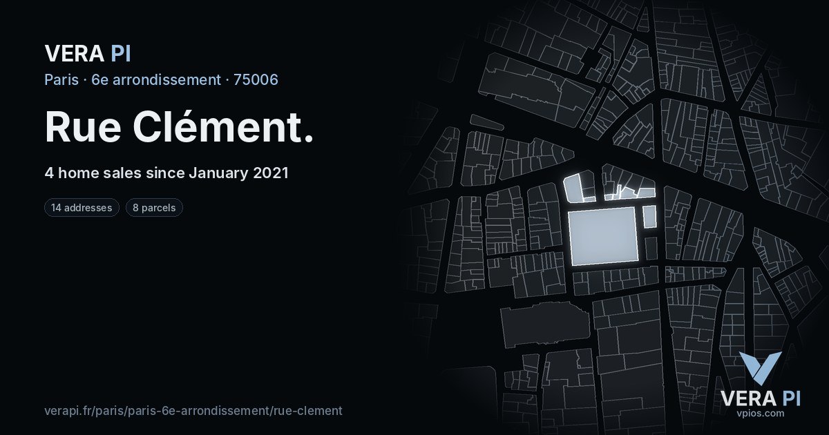 Rue Clément, 6e arrondissement at night – every parcel coloured by the prices around it, the street's own parcels lit
