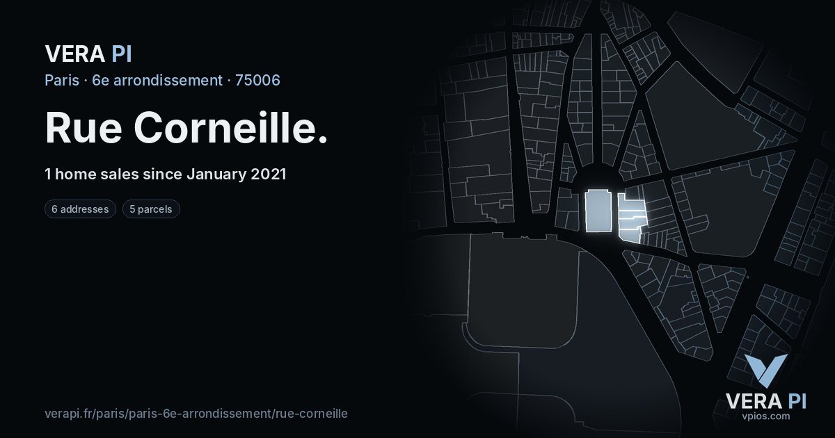 Rue Corneille, 6e arrondissement at night – every parcel coloured by the prices around it, the street's own parcels lit