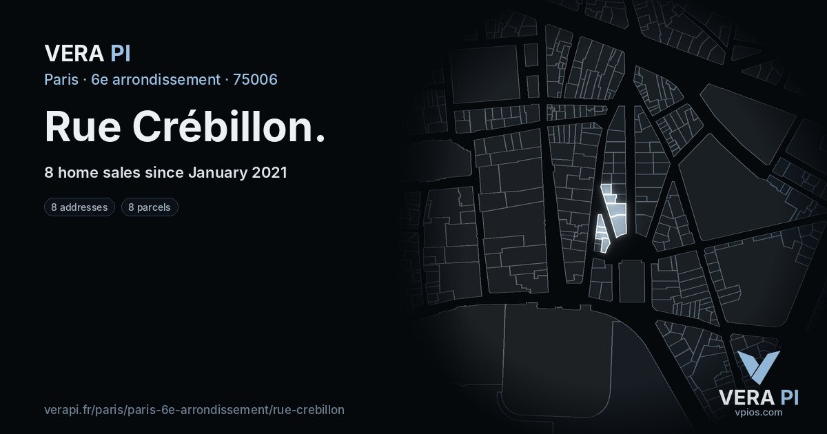 Rue Crébillon, 6e arrondissement at night – every parcel coloured by the prices around it, the street's own parcels lit