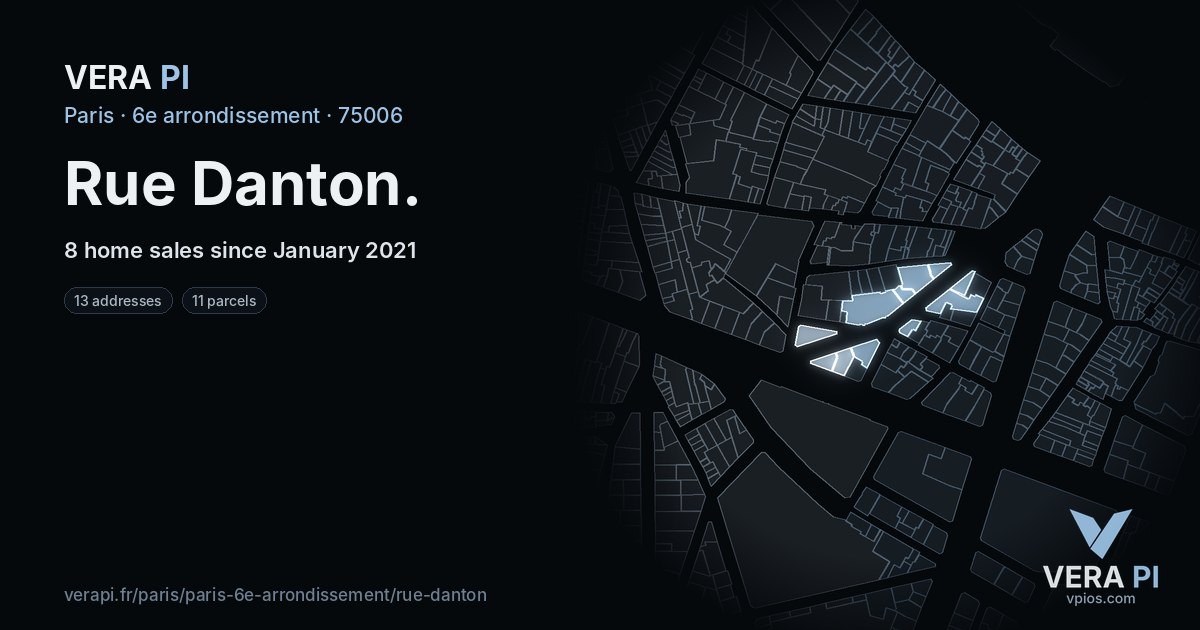 Rue Danton, 6e arrondissement at night – every parcel coloured by the prices around it, the street's own parcels lit