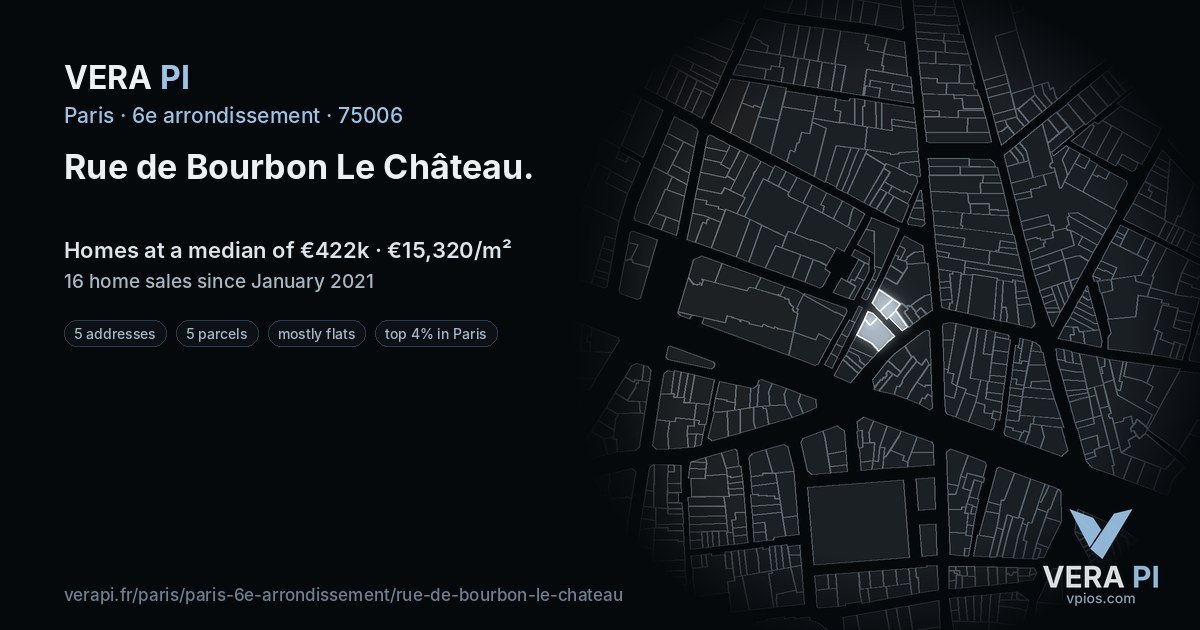 Rue de Bourbon Le Château, 6e arrondissement at night – every parcel coloured by the prices around it, the street's own parcels lit