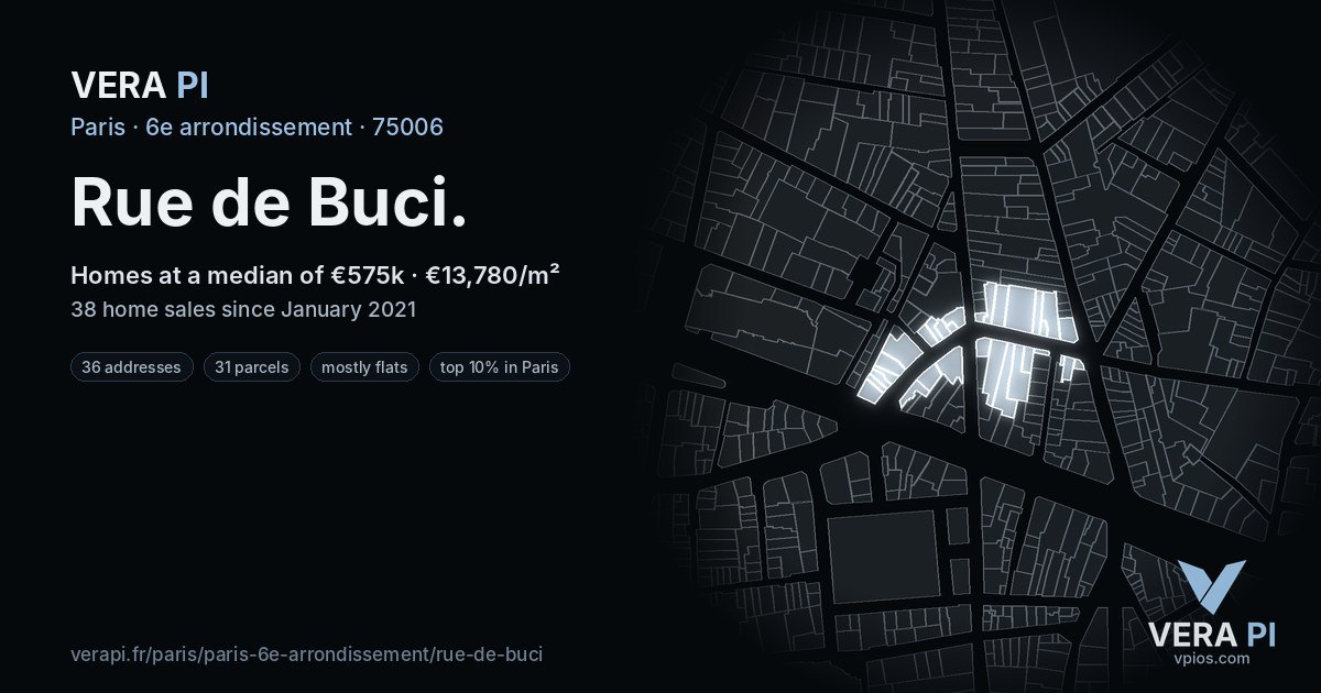 Rue de Buci, 6e arrondissement at night – every parcel coloured by the prices around it, the street's own parcels lit