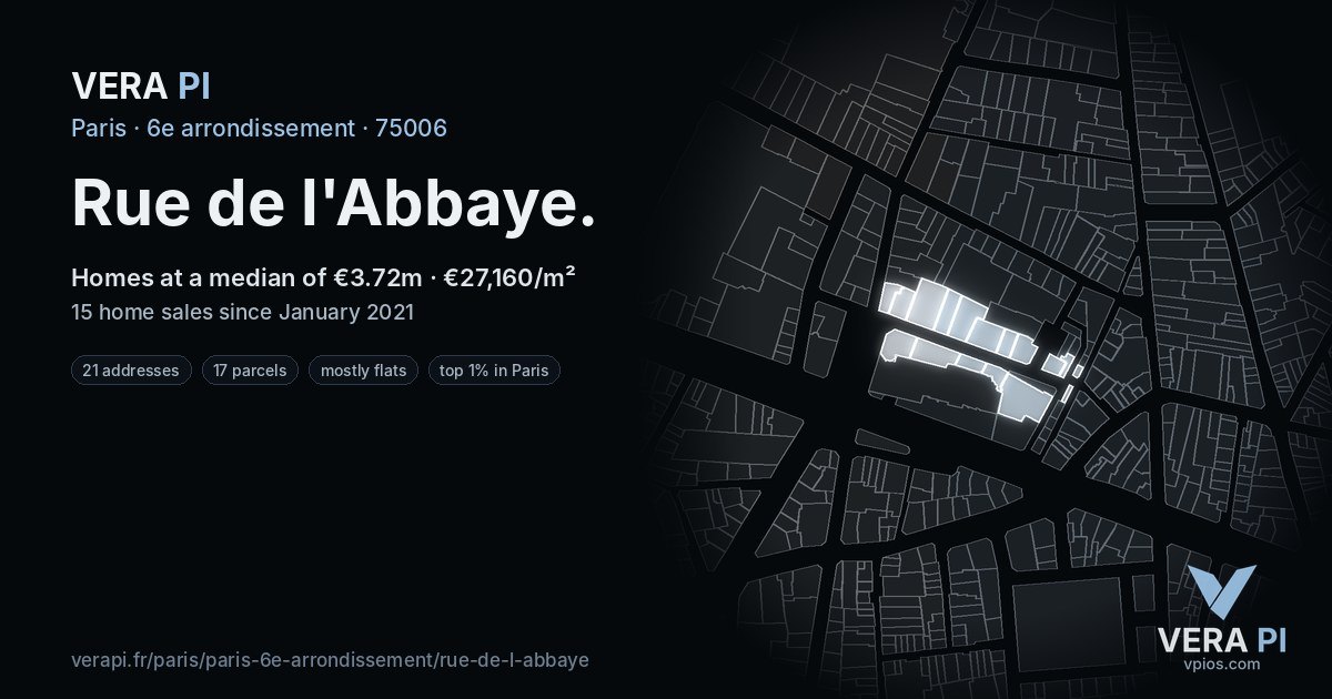 Rue de l'Abbaye, 6e arrondissement at night – every parcel coloured by the prices around it, the street's own parcels lit