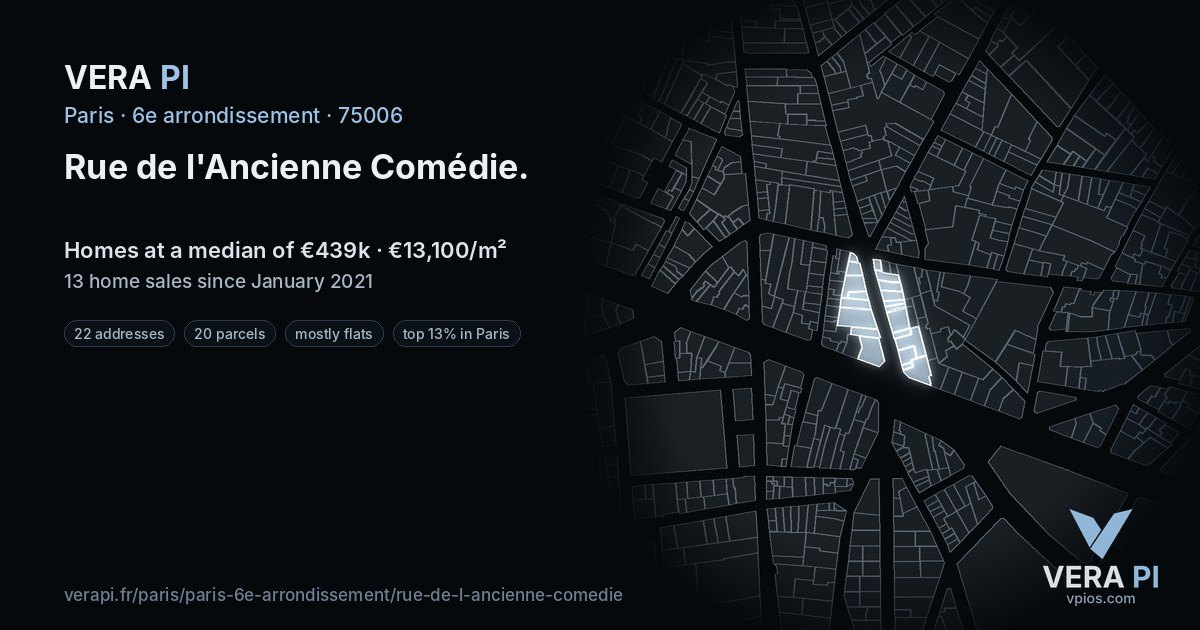 Rue de l'Ancienne Comédie, 6e arrondissement at night – every parcel coloured by the prices around it, the street's own parcels lit