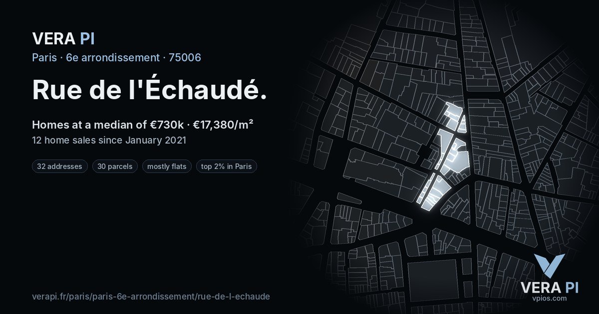 Rue de l'Échaudé, 6e arrondissement at night – every parcel coloured by the prices around it, the street's own parcels lit