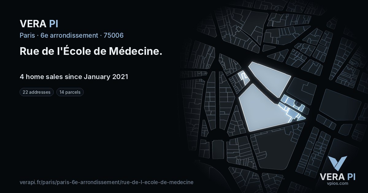 Rue de l'École de Médecine, 6e arrondissement at night – every parcel coloured by the prices around it, the street's own parcels lit
