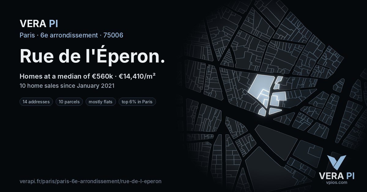 Rue de l'Éperon, 6e arrondissement at night – every parcel coloured by the prices around it, the street's own parcels lit
