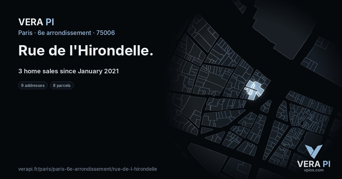 Rue de l'Hirondelle, 6e arrondissement at night – every parcel coloured by the prices around it, the street's own parcels lit