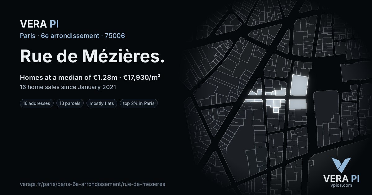 Rue de Mézières, 6e arrondissement at night – every parcel coloured by the prices around it, the street's own parcels lit