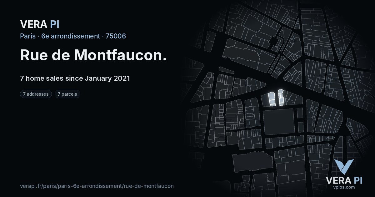 Rue de Montfaucon, 6e arrondissement at night – every parcel coloured by the prices around it, the street's own parcels lit