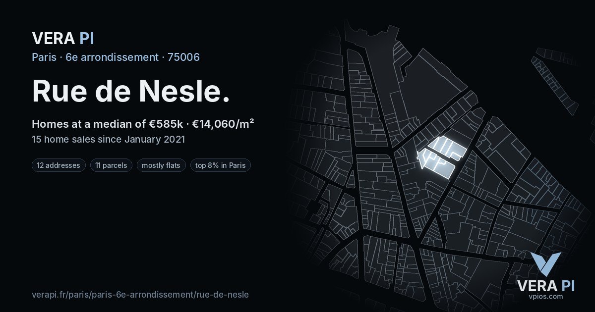 Rue de Nesle, 6e arrondissement at night – every parcel coloured by the prices around it, the street's own parcels lit
