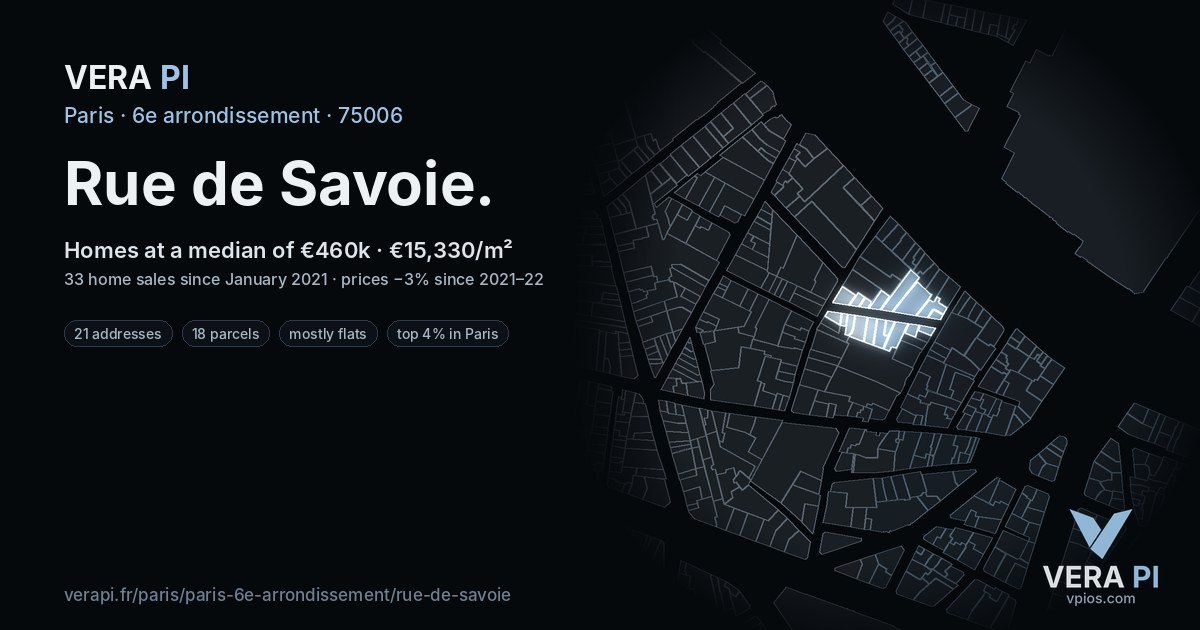 Rue de Savoie, 6e arrondissement at night – every parcel coloured by the prices around it, the street's own parcels lit