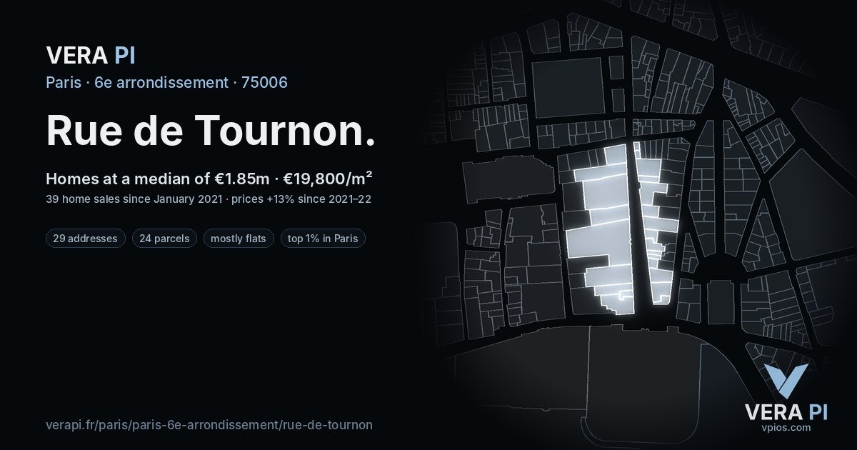 Rue de Tournon, 6e arrondissement at night – every parcel coloured by the prices around it, the street's own parcels lit