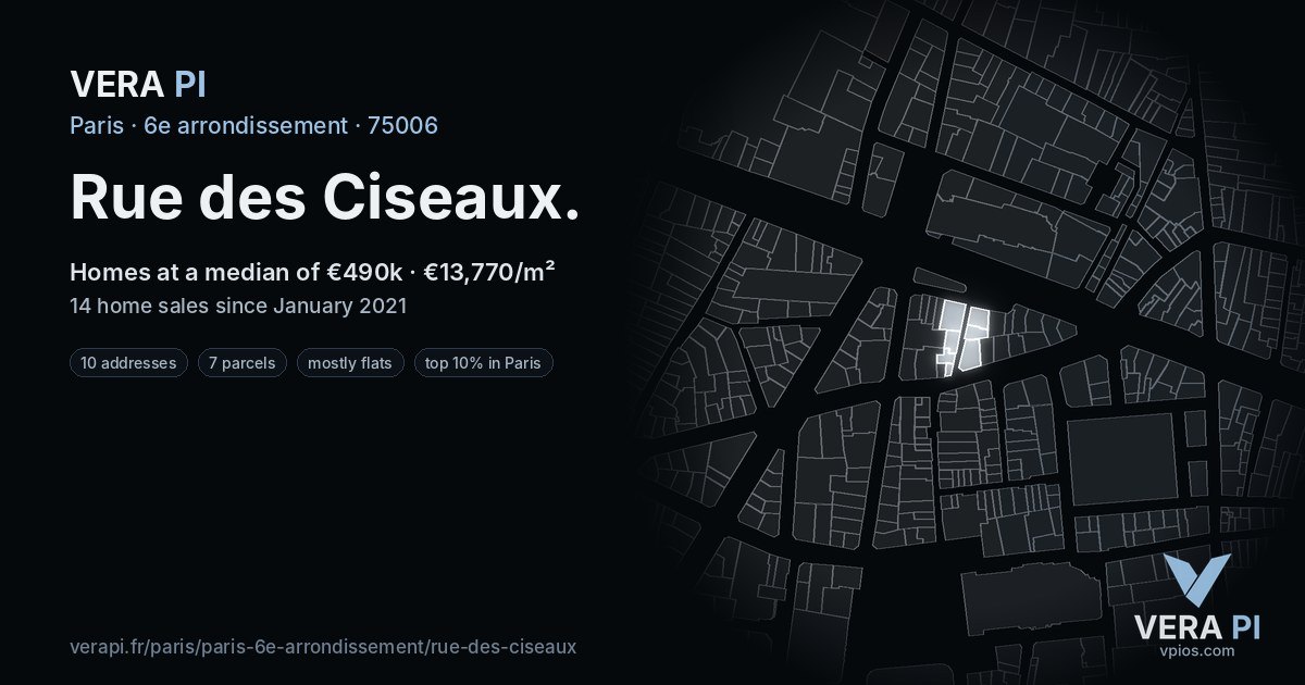 Rue des Ciseaux, 6e arrondissement at night – every parcel coloured by the prices around it, the street's own parcels lit