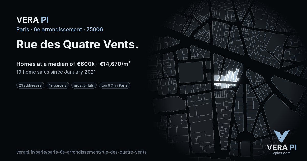 Rue des Quatre Vents, 6e arrondissement at night – every parcel coloured by the prices around it, the street's own parcels lit