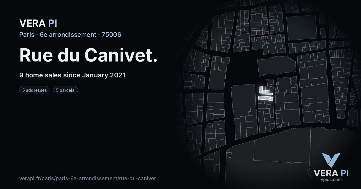 Rue du Canivet, 6e arrondissement at night – every parcel coloured by the prices around it, the street's own parcels lit